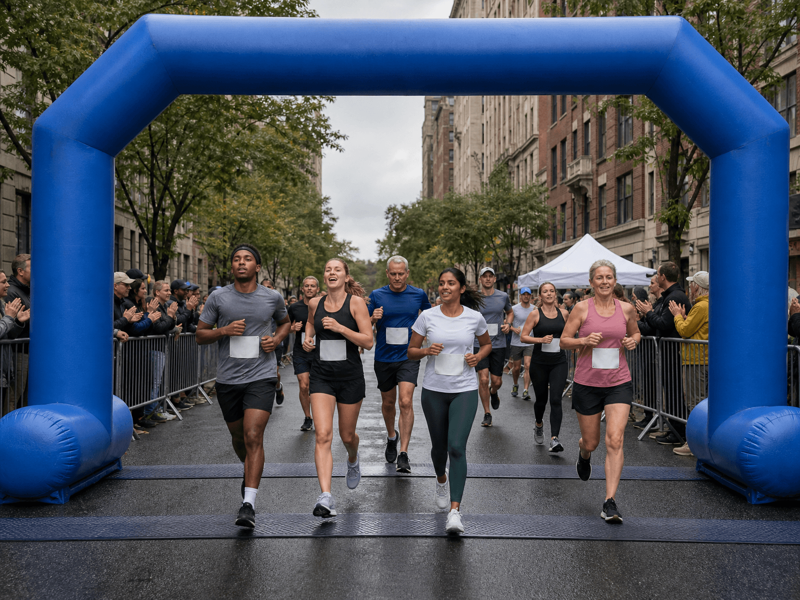 Runners crossing a finish line under an inflatable arch with timing mats on a closed city road