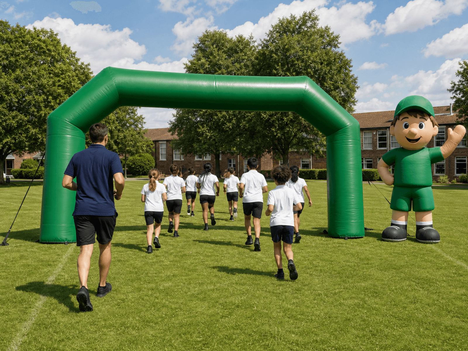 Inflatable arch and mascot at a school sports day on a grass field with supervised pupils