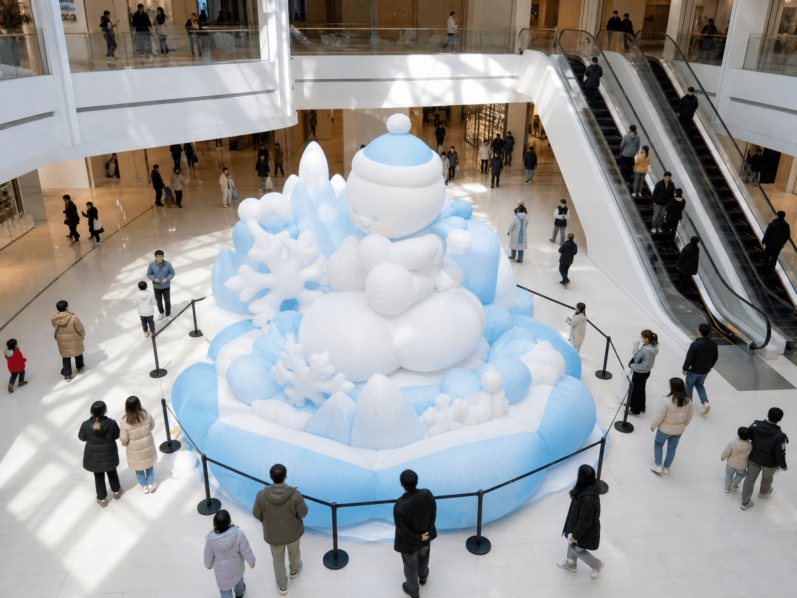 Seasonal inflatable centrepiece in a bright shopping mall atrium viewed from an upper floor