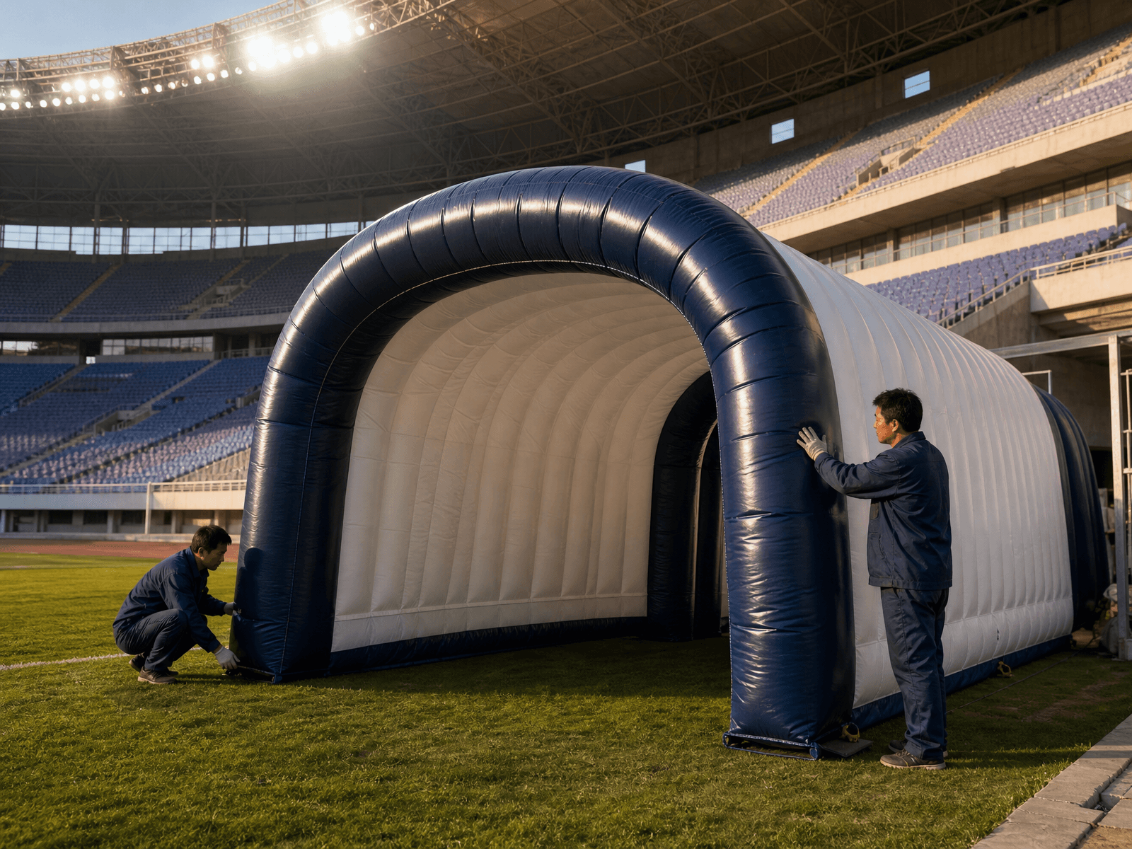 Inflatable players tunnel set up at the edge of a stadium pitch before a match