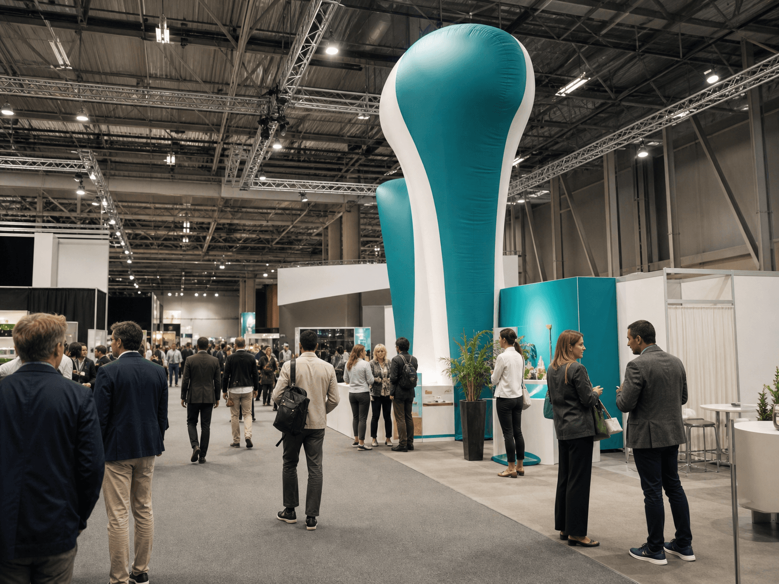 Exhibition hall aisle with a tall inflatable logo sign rising above an island booth
