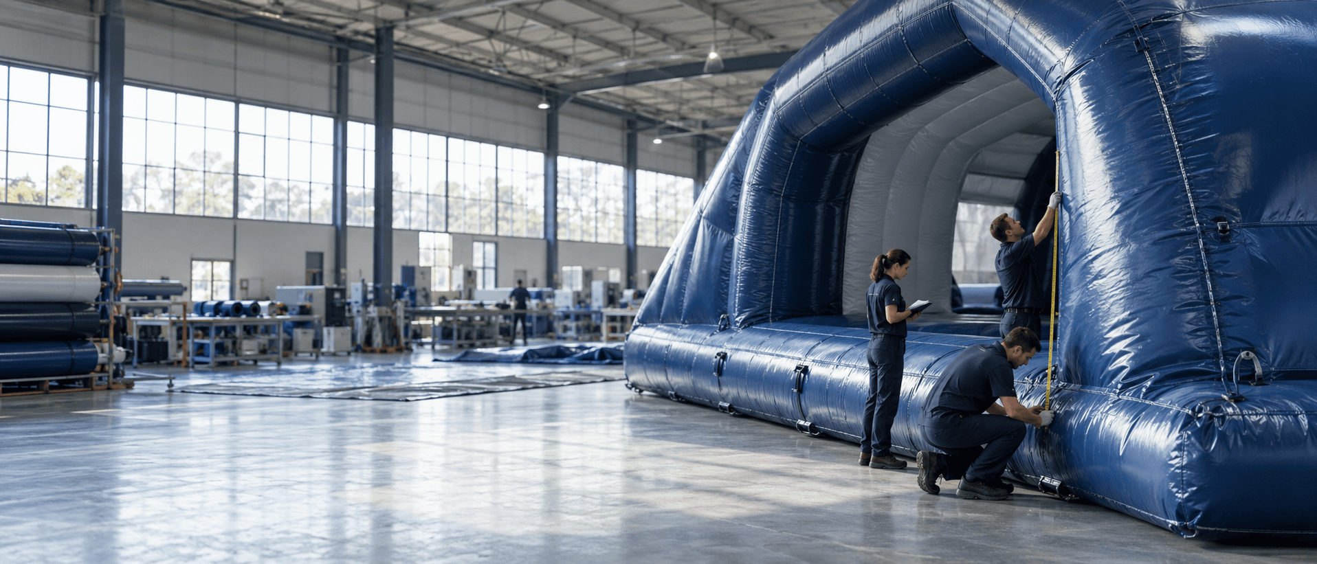 Technicians measuring a large inflatable arch inside a factory workshop