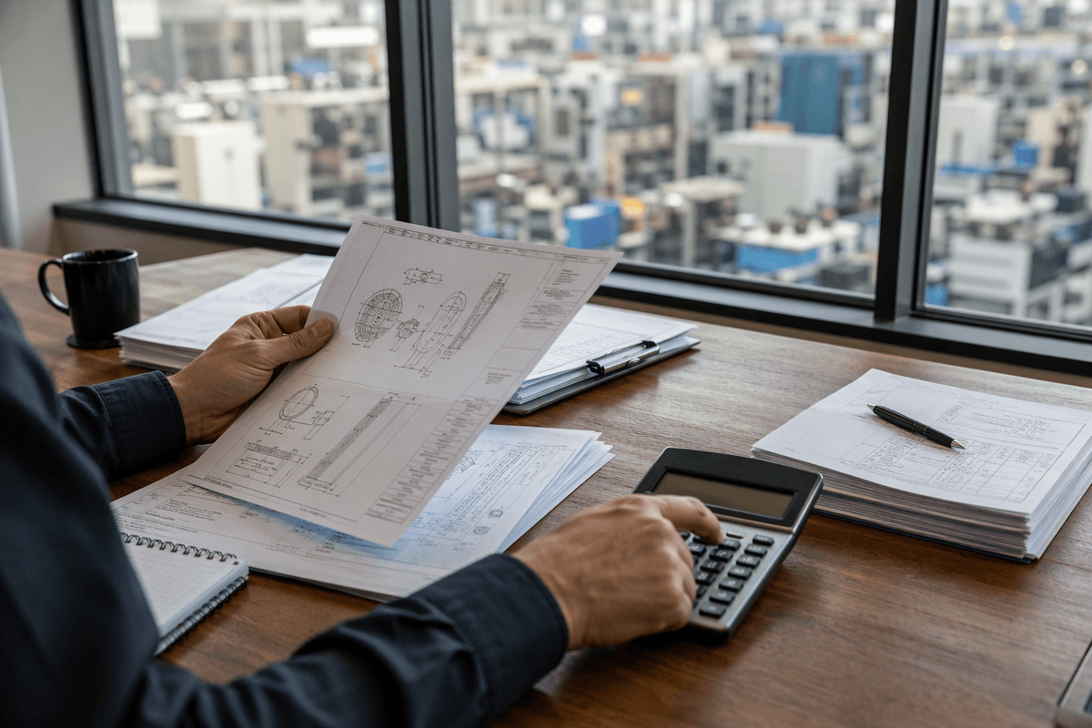Payment terms review scene on a desk with specifications and calculator