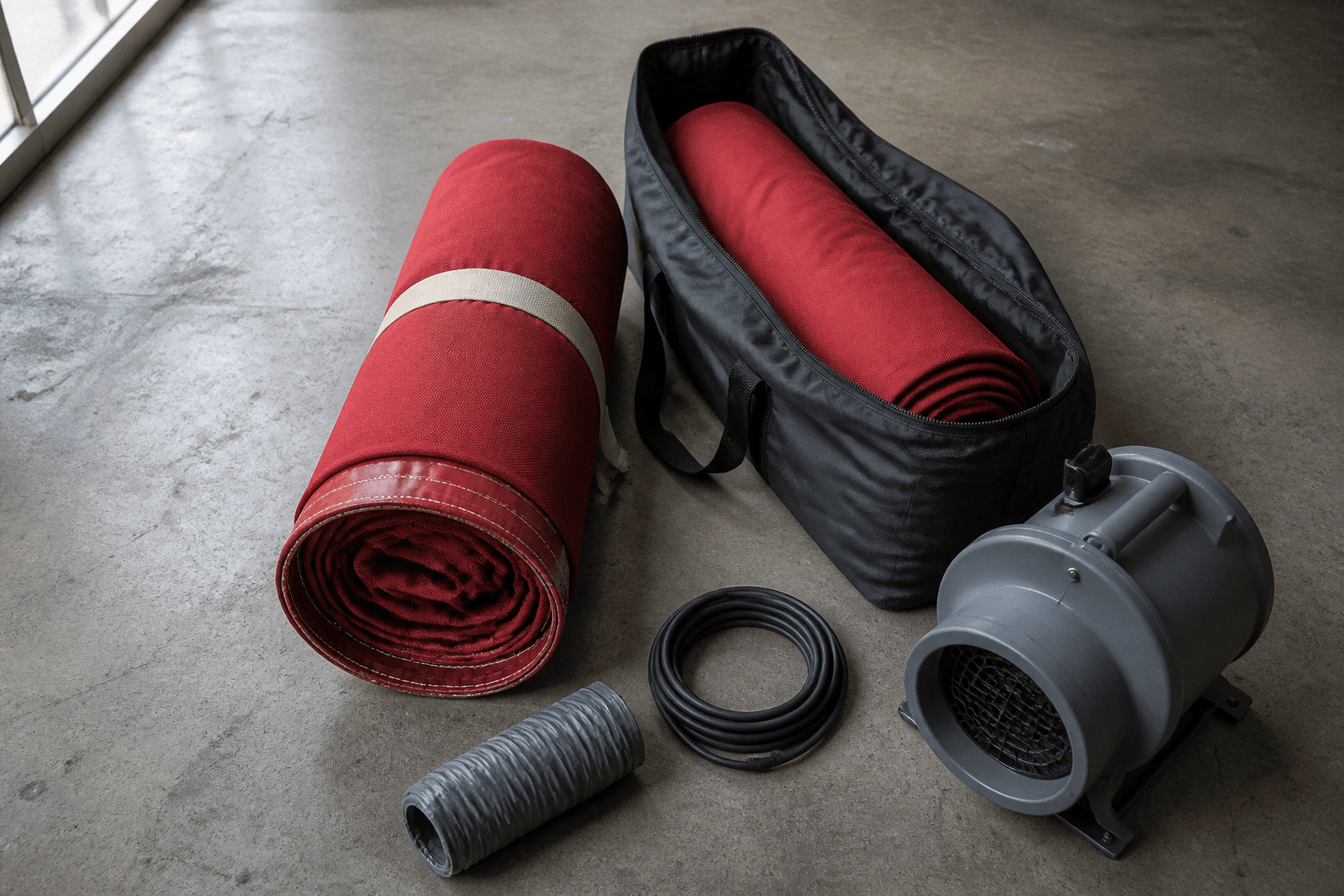 Rolled red and off-white replacement air dancer tubes with a blower and ducting