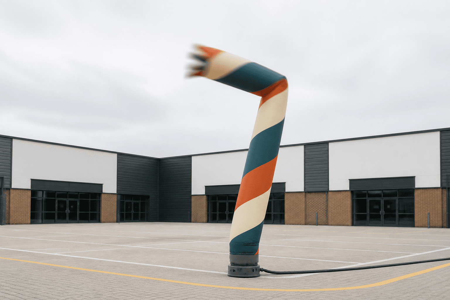 Geometric teal cream and burnt orange printed air dancer with a motion-blurred upper tube