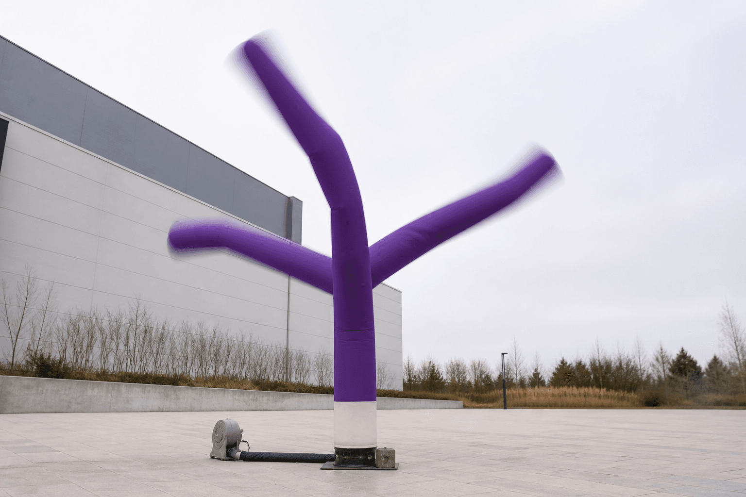 Deep purple three-leg air dancer with motion-blurred legs on an open paved plaza