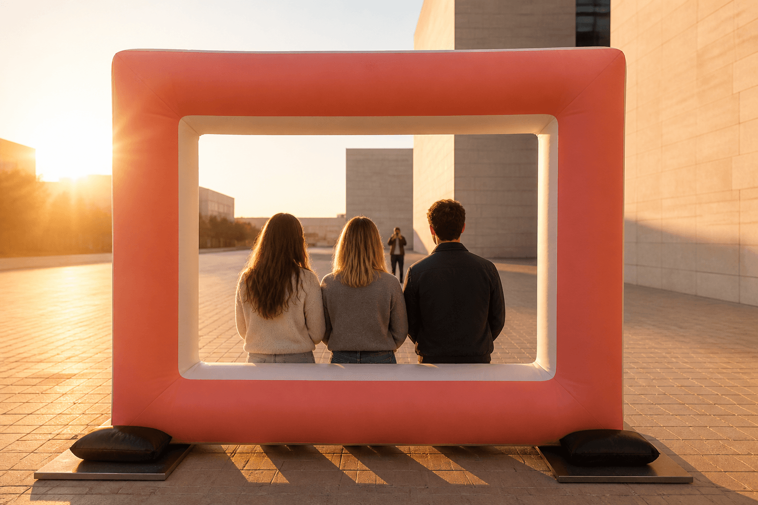 Coral inflatable photo frame with three people inside and a distant photographer