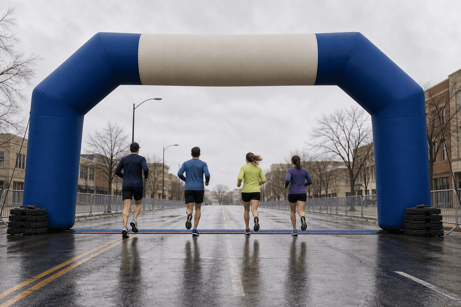 Deep blue and cream inflatable finish line arch over a wet road with runners seen from behind