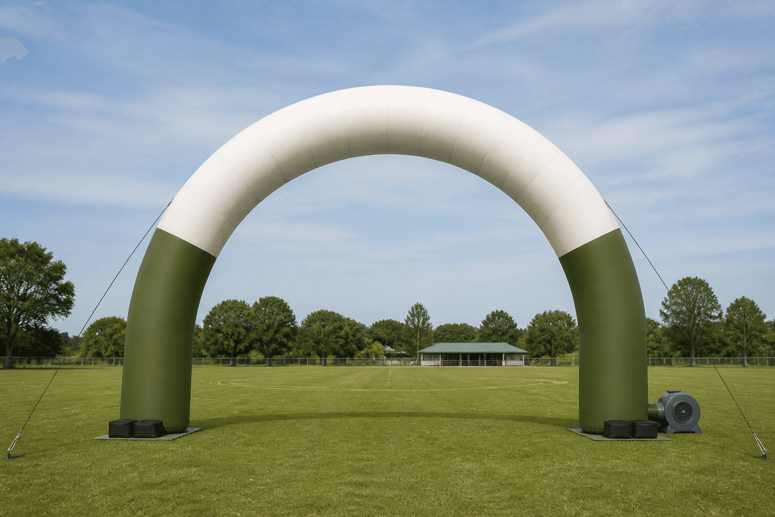 Continuous olive and off-white semicircular inflatable arch on a grass sports field