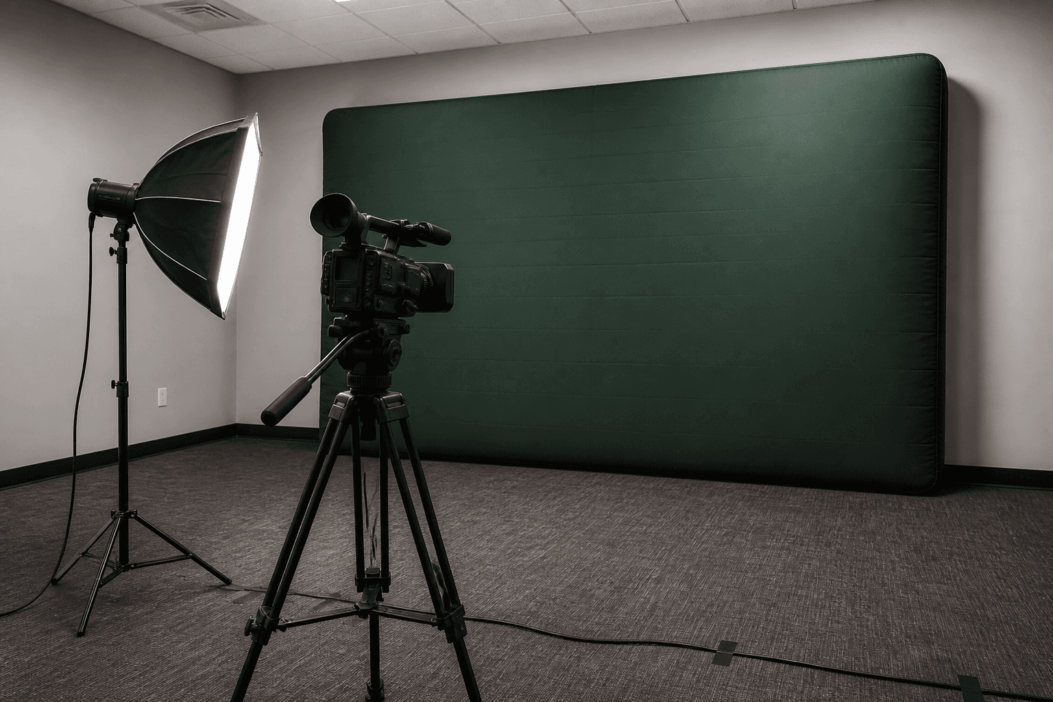 Flat deep green inflatable backdrop wall with a video camera and softbox in a conference room