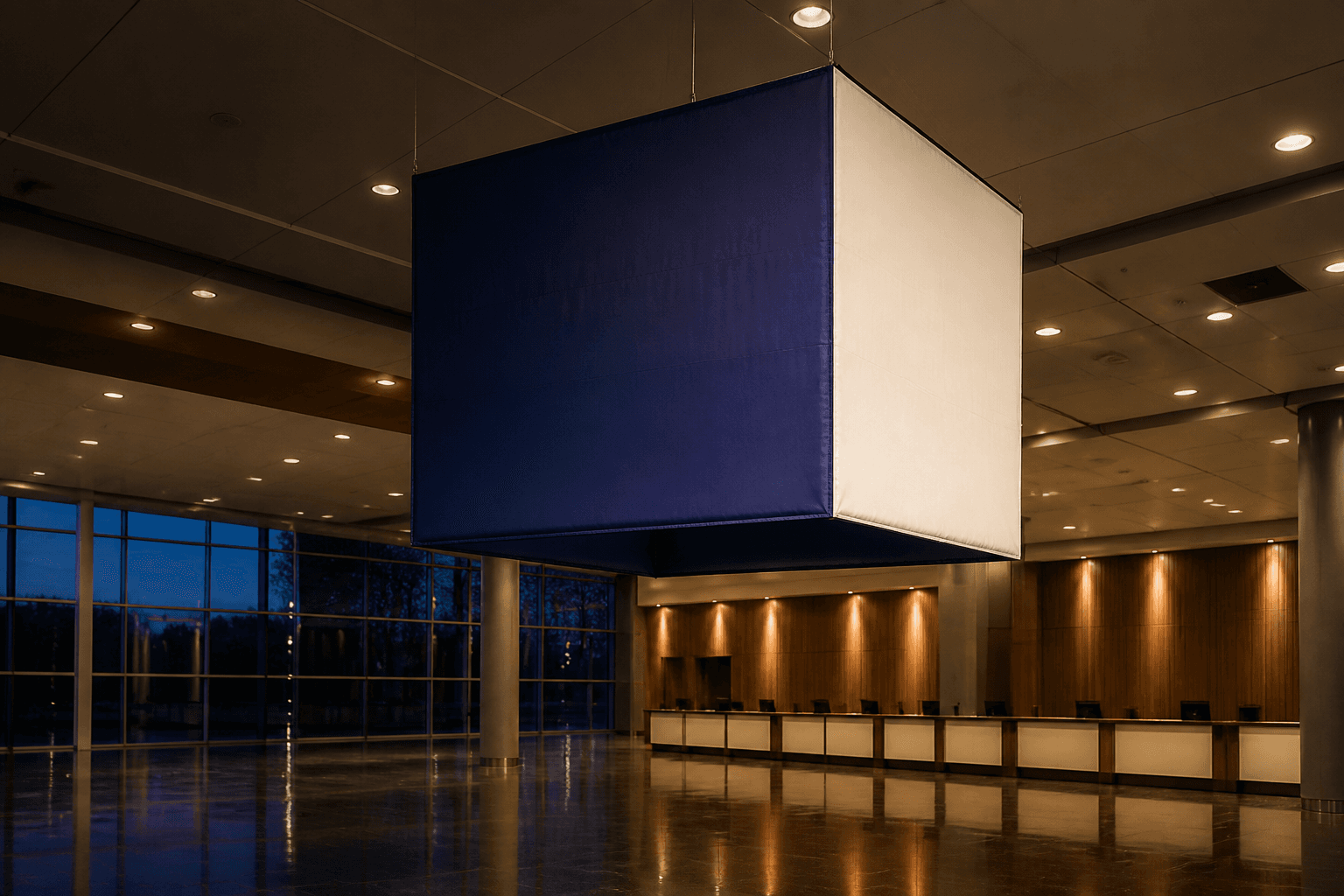 Suspended deep indigo and off-white inflatable cube sign in a conference centre foyer