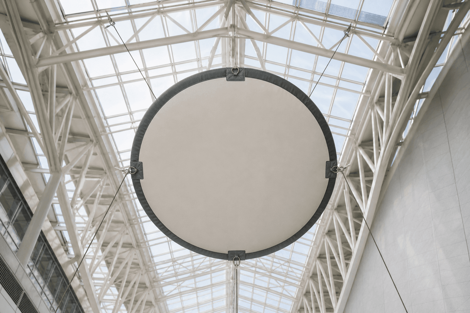 Blank off-white inflatable disc sign with charcoal rim suspended from four roof cables