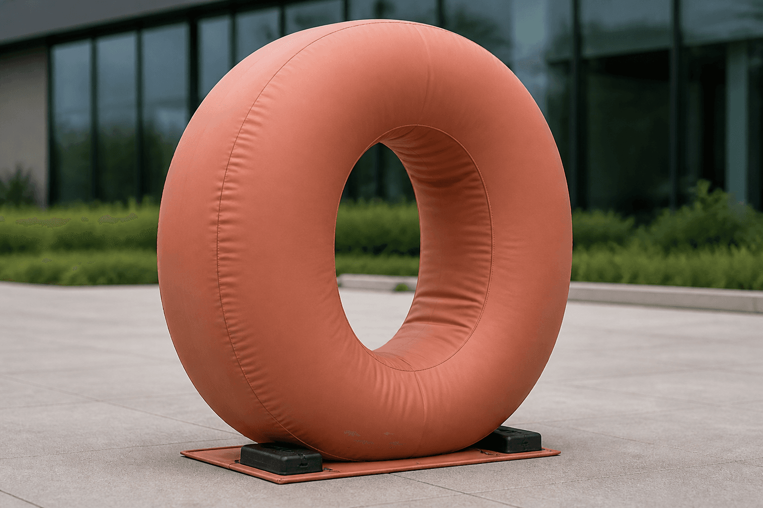 Single muted terracotta inflatable O letterform with ballast weights on a corporate courtyard