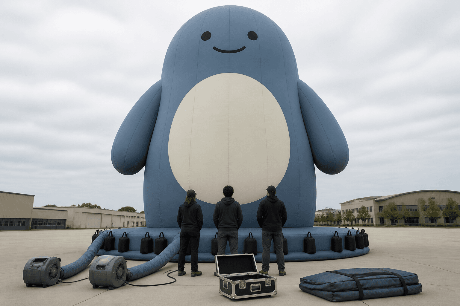 Large slate blue inflatable character display with ballasted base and installation crew on a concrete plaza