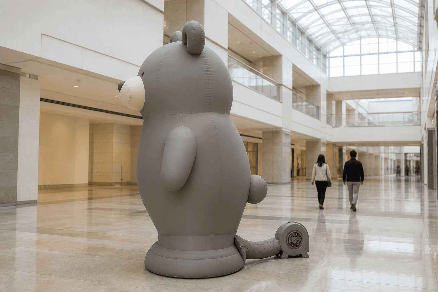 Original warm grey inflatable animal display with upright ears and a small tail in a shopping centre atrium