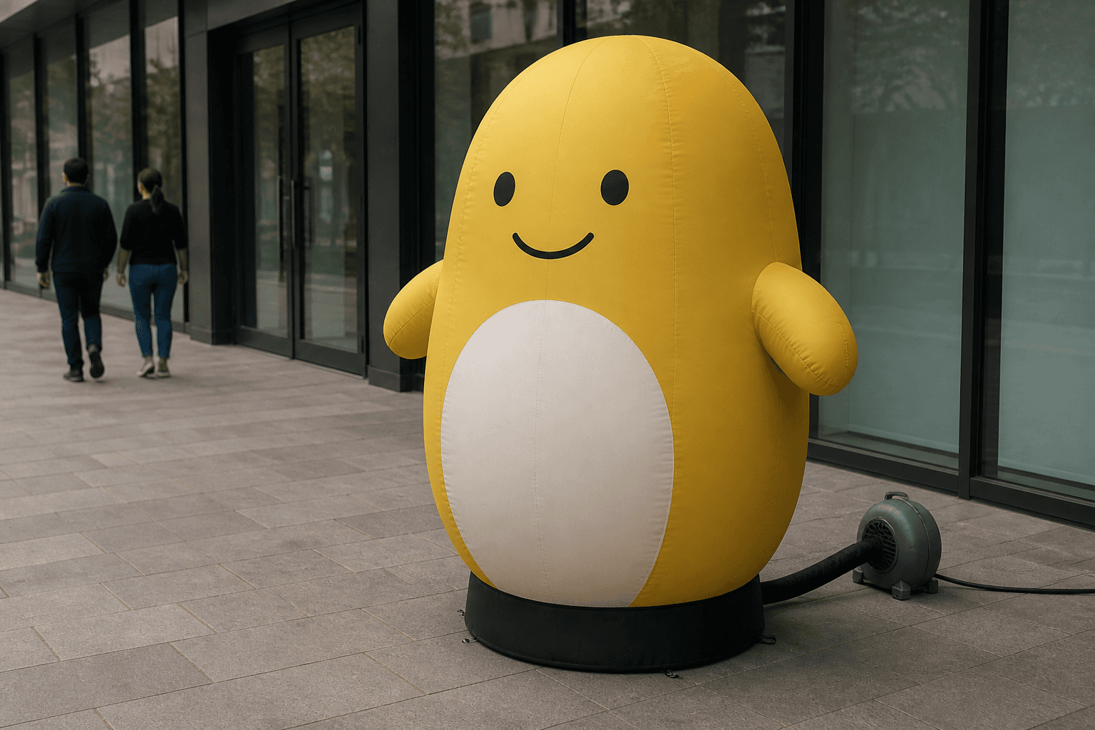 Original mustard yellow inflatable character display with an off-white belly outside a retail entrance