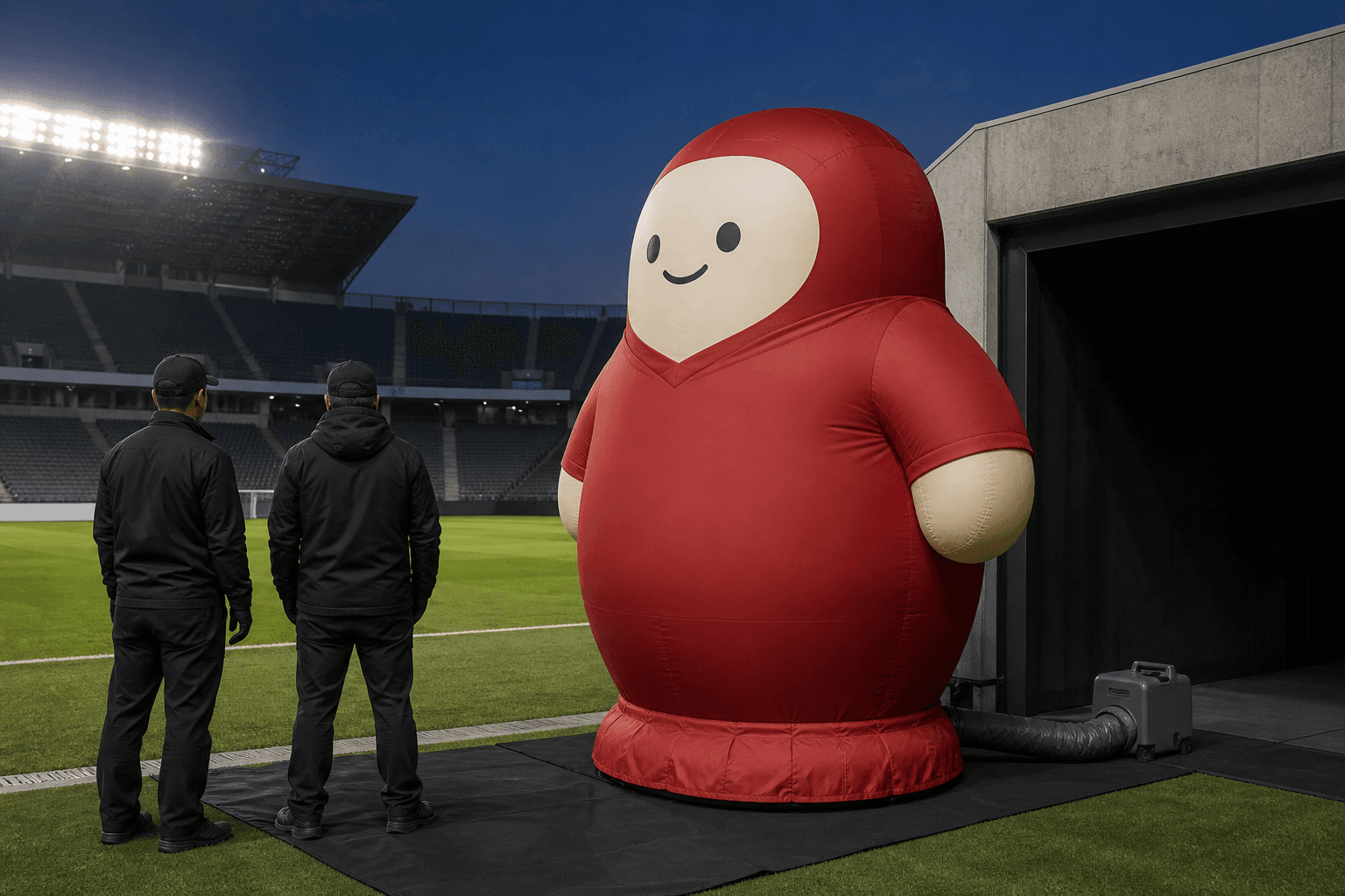 Original deep red inflatable sports character with a plain cream face beside a football stadium tunnel