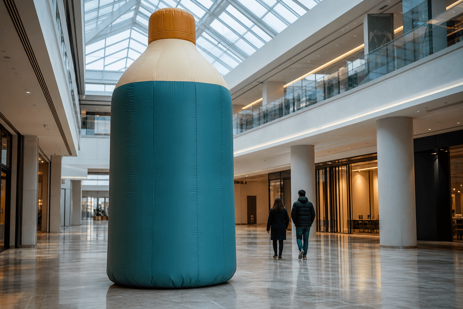 Deep teal inflatable bottle replica with cream shoulder band and amber cap in a shopping centre atrium