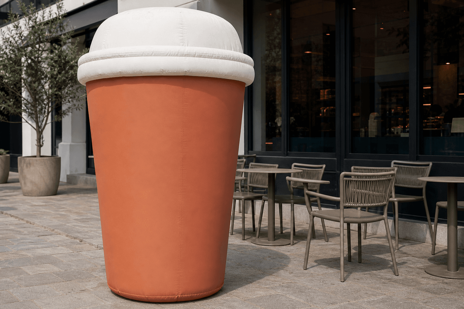 Terracotta inflatable takeaway cup replica with an off-white domed lid outside a cafe