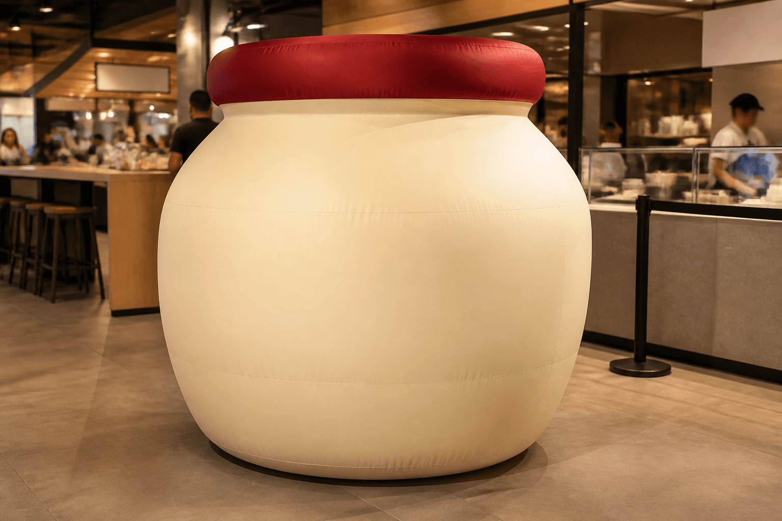 Cream inflatable jar replica with a deep red lid in a food hall