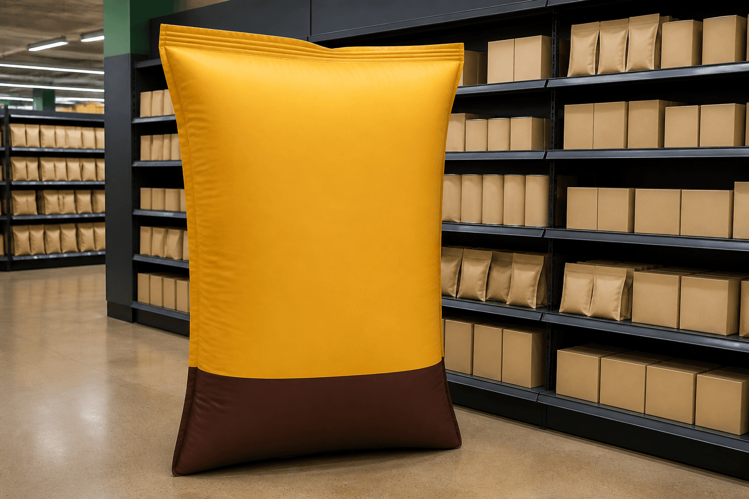Mustard yellow and deep brown inflatable stand-up pouch replica at a supermarket aisle end