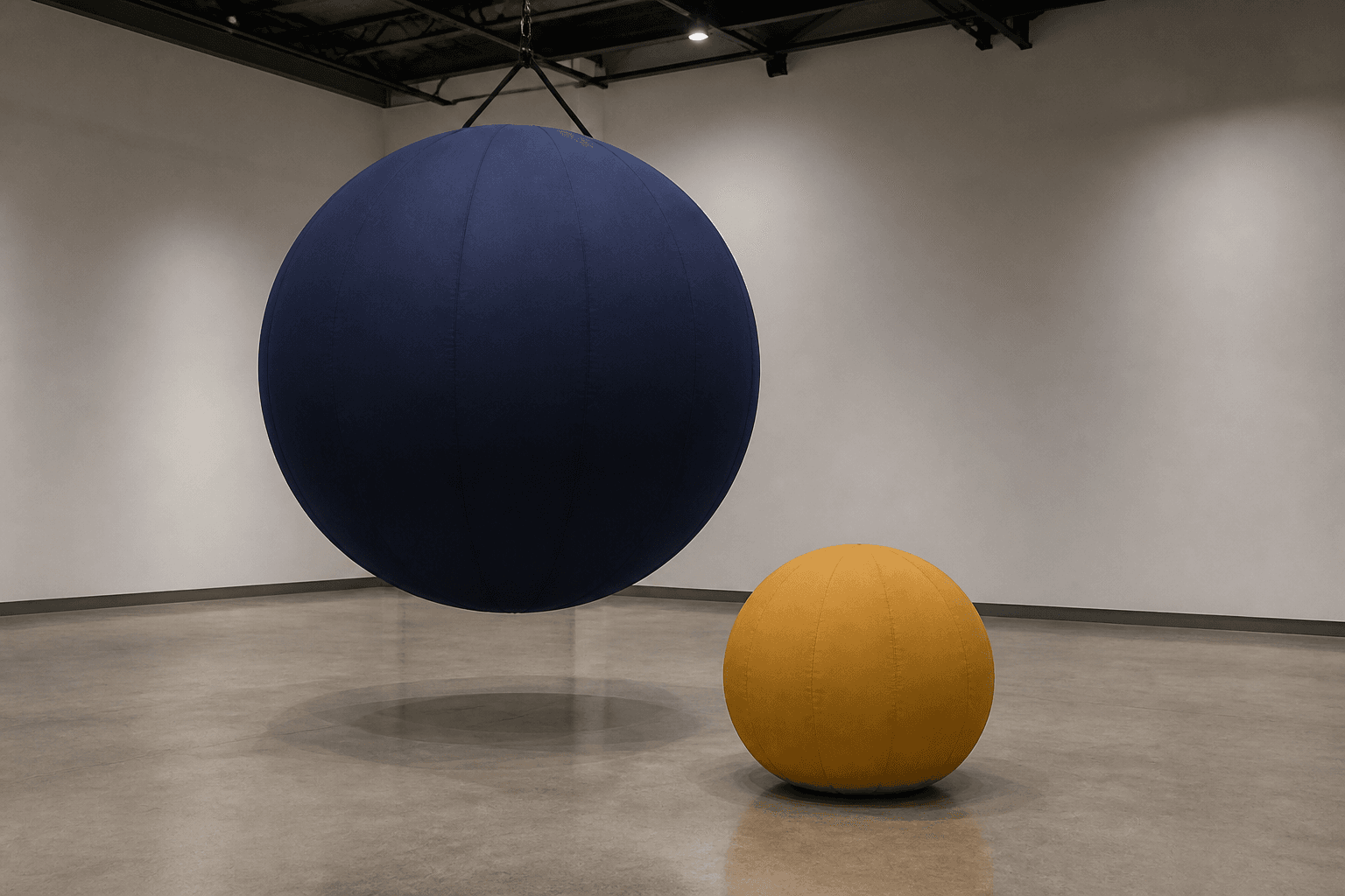 Matte navy and ochre inflatable spheres with one suspended and one resting on a concrete floor