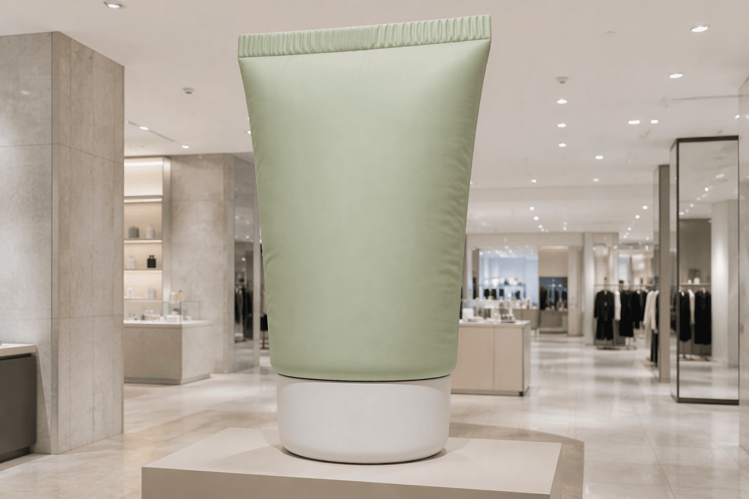 Pale sage inflatable cosmetic tube replica with a white cap in a department store