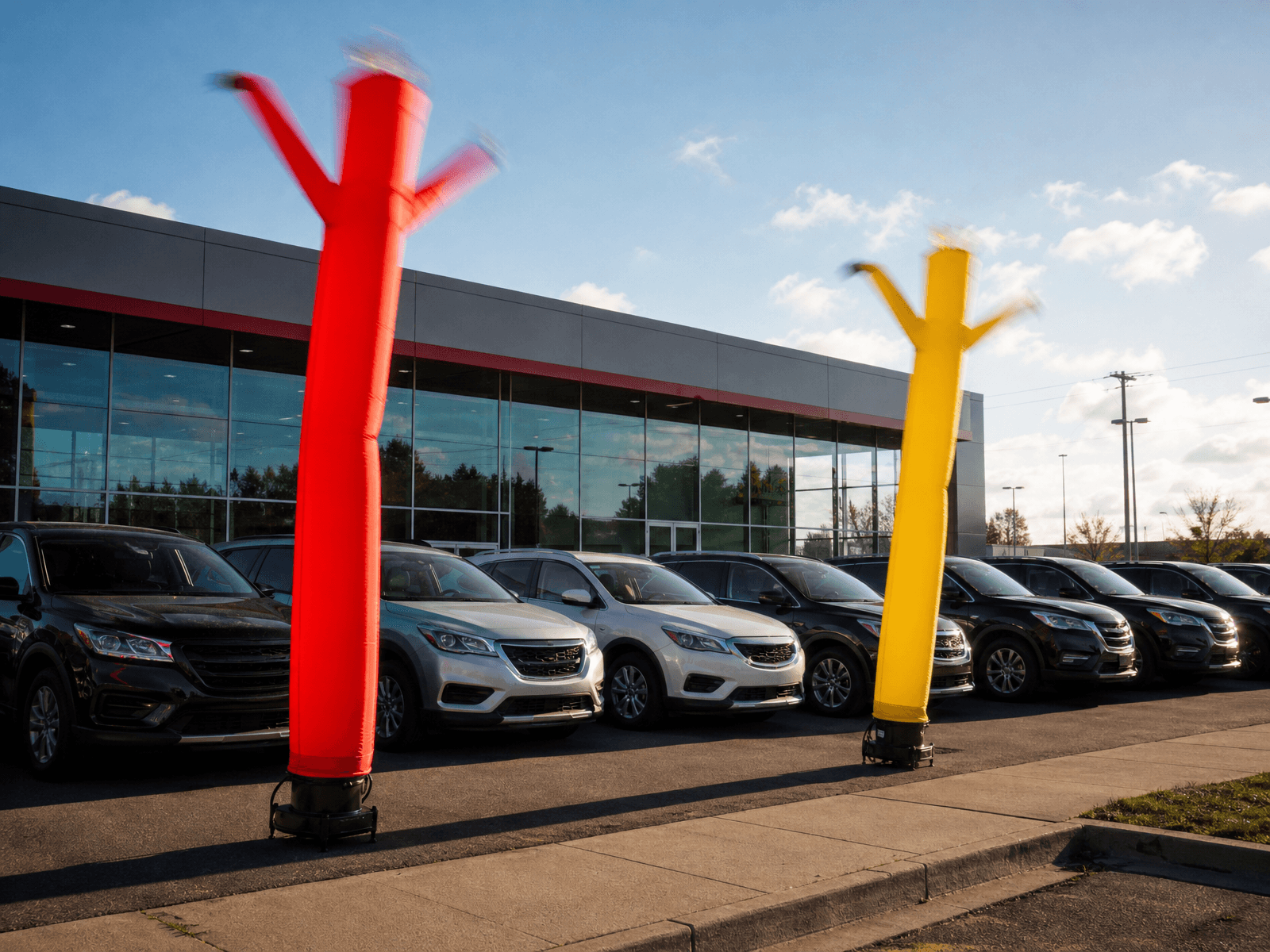 Colourful air dancers moving beside rows of cars on a dealership forecourt, seen from the roadside