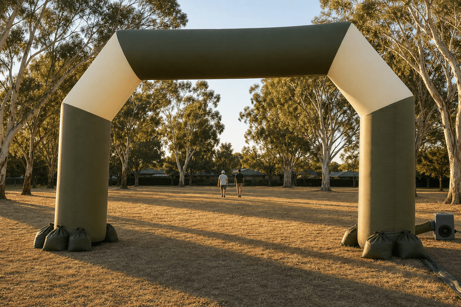 Olive and cream inflatable arch at a dry suburban park event entrance