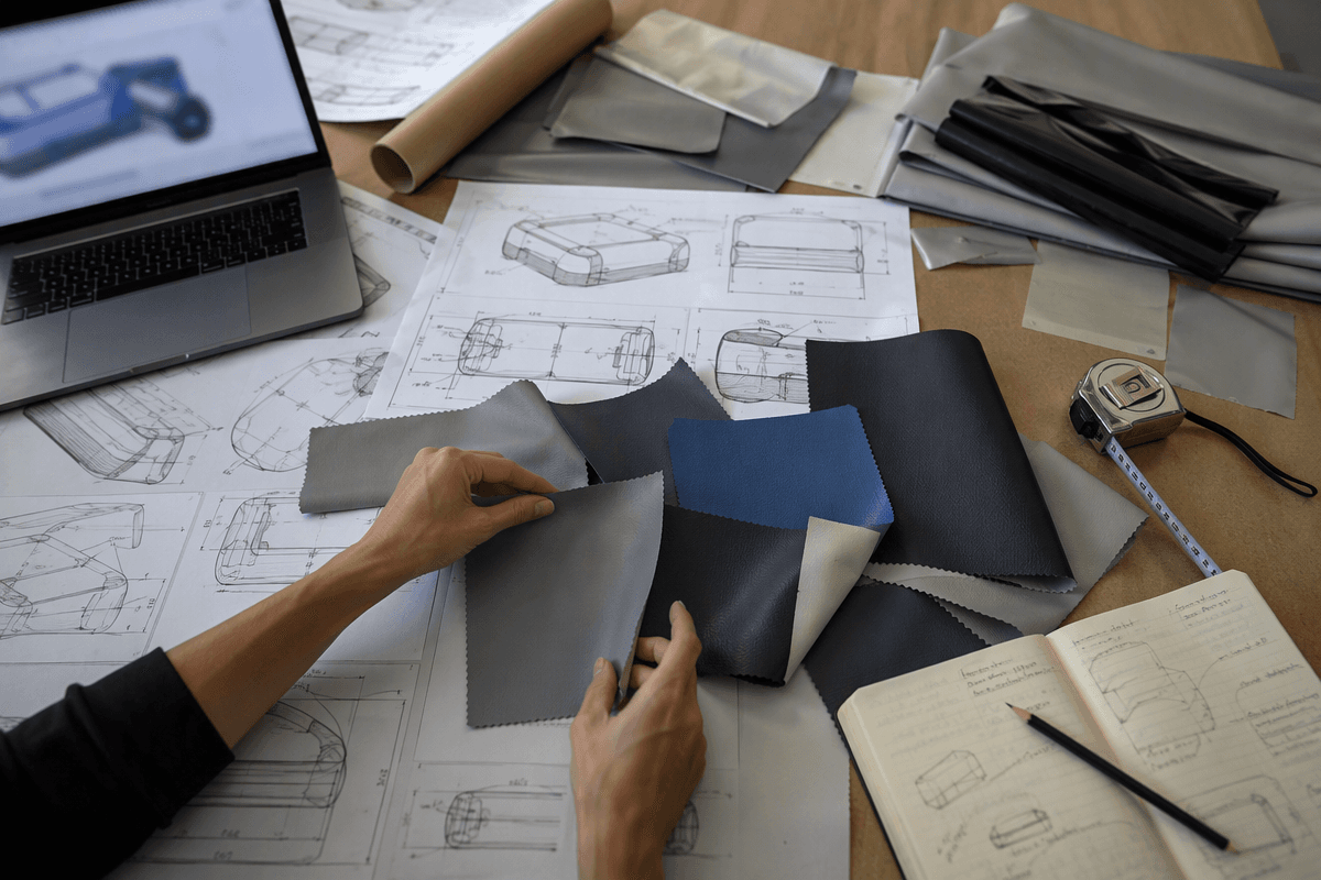Buyer checklist preparation scene with material swatches and notes