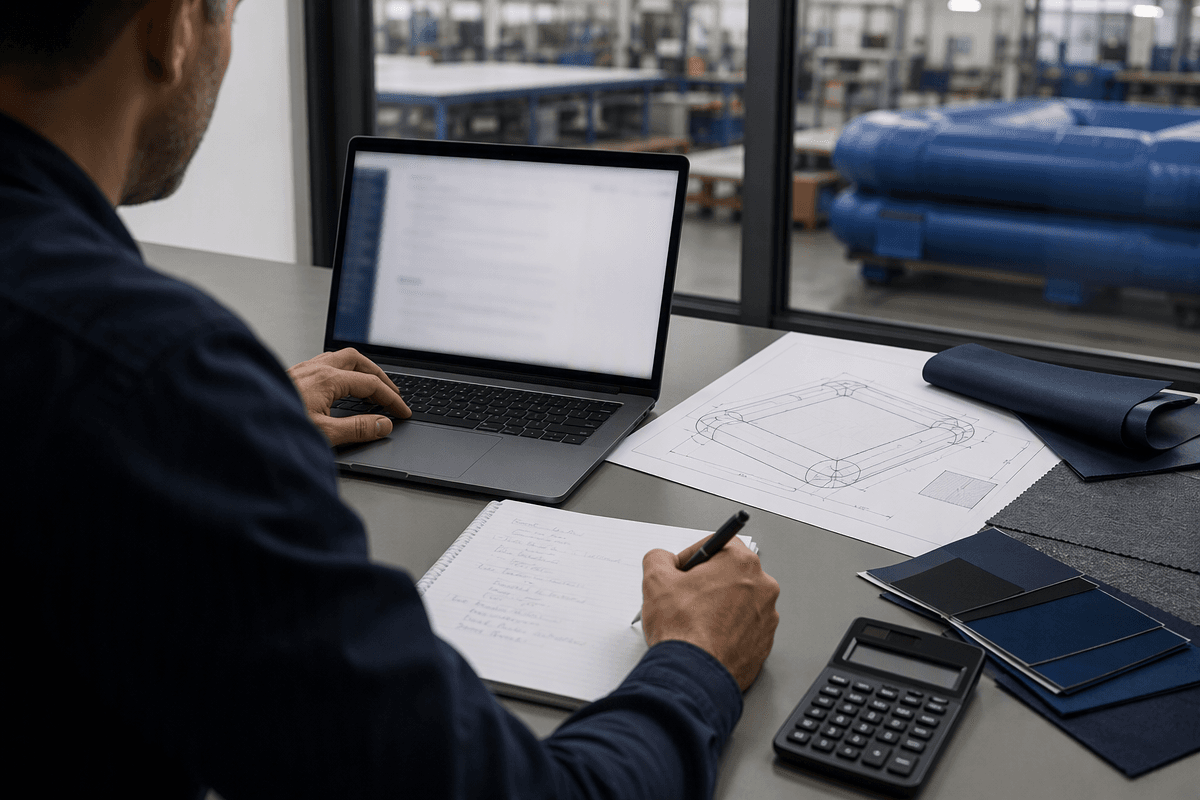 Buyer working with an AI assistant to structure a custom inflatable RFQ brief