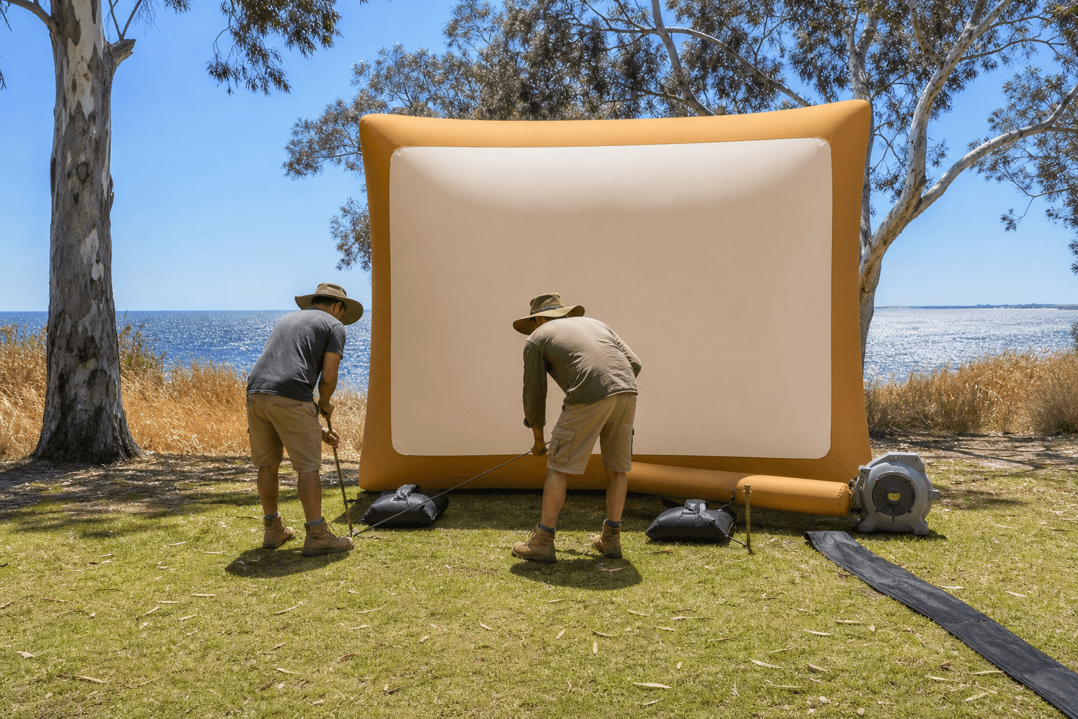 Two workers anchoring an ochre and cream inflatable display by a coastal foreshore