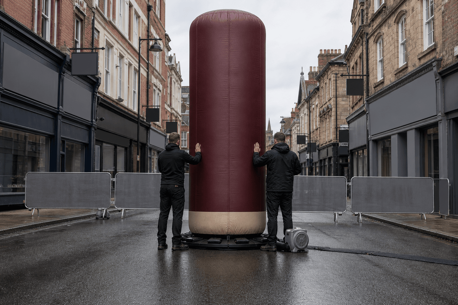Solid burgundy and cream inflatable advertising column with two event workers on a closed British high street