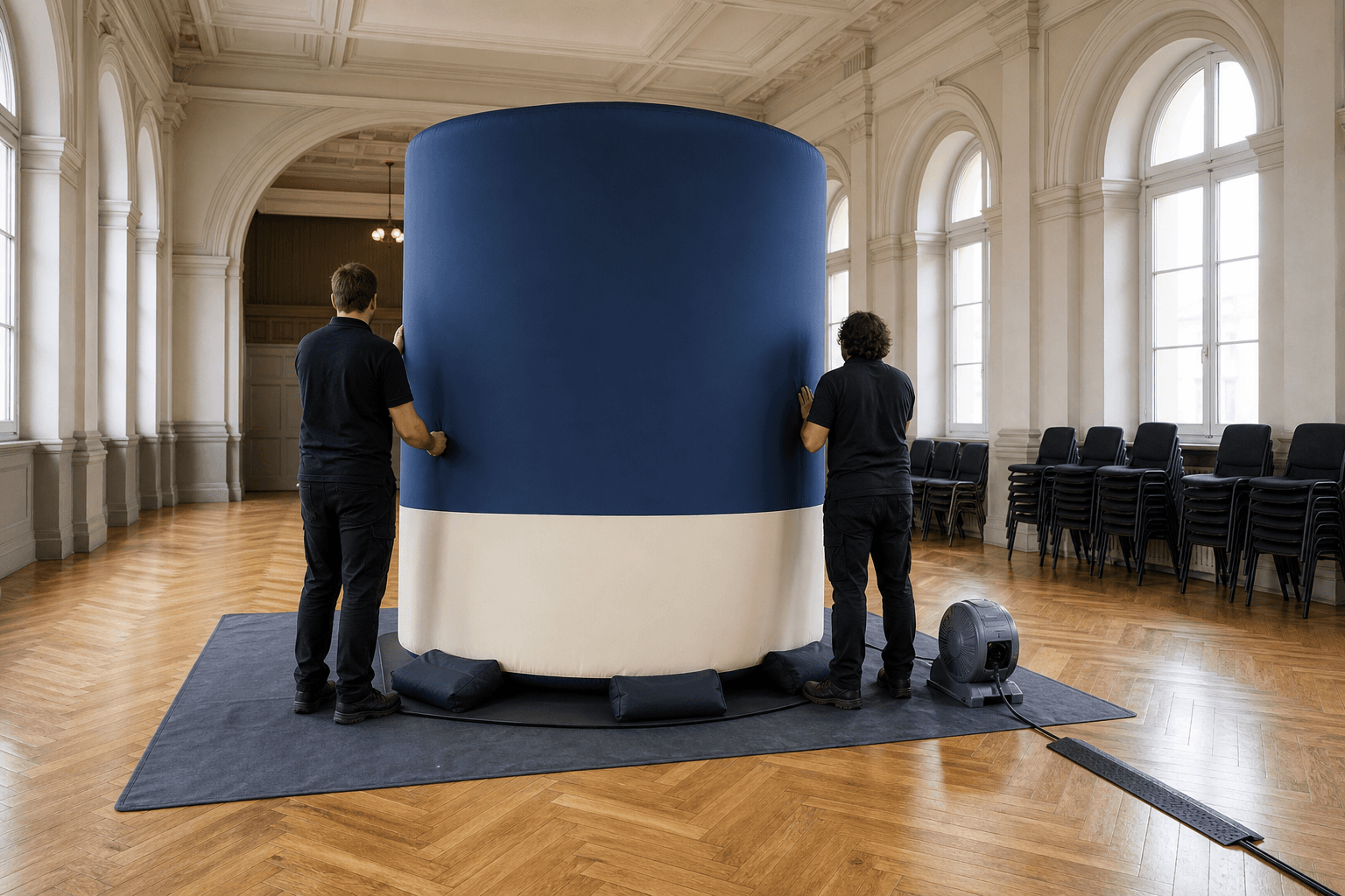 Two workers positioning a blue and cream inflatable display in a civic hall
