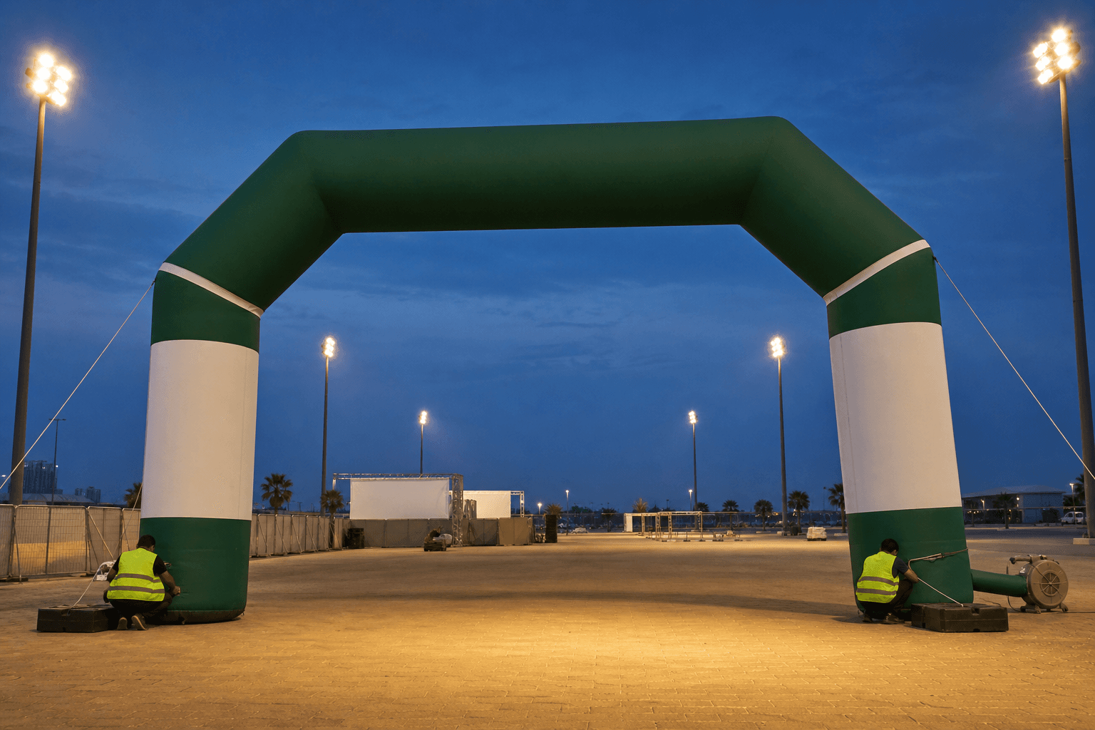 Green and white inflatable entrance arch being anchored with ballast weights at an outdoor event site at dusk