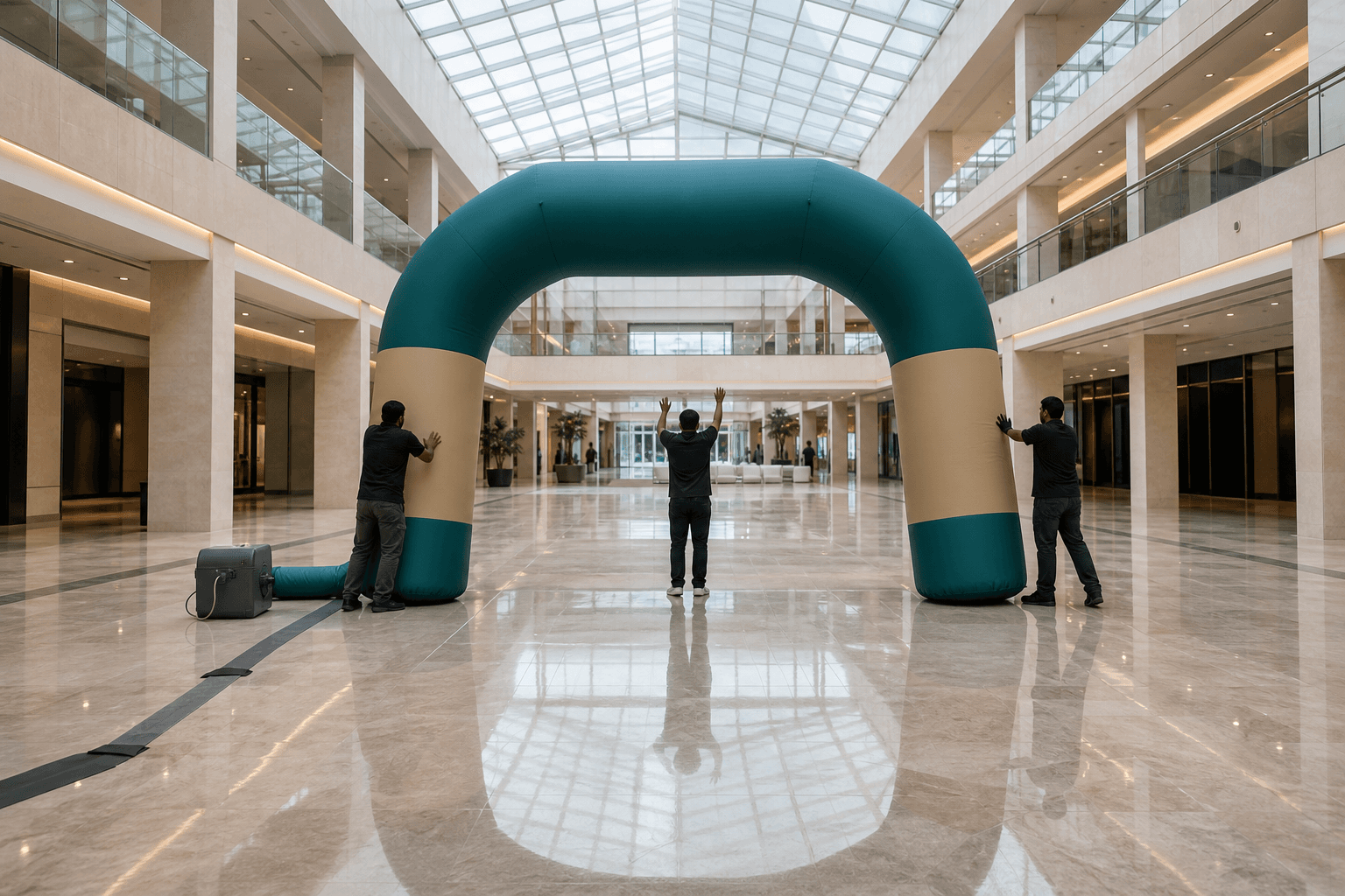 Crew positioning a teal and beige inflatable arch in an empty shopping mall atrium before opening hours