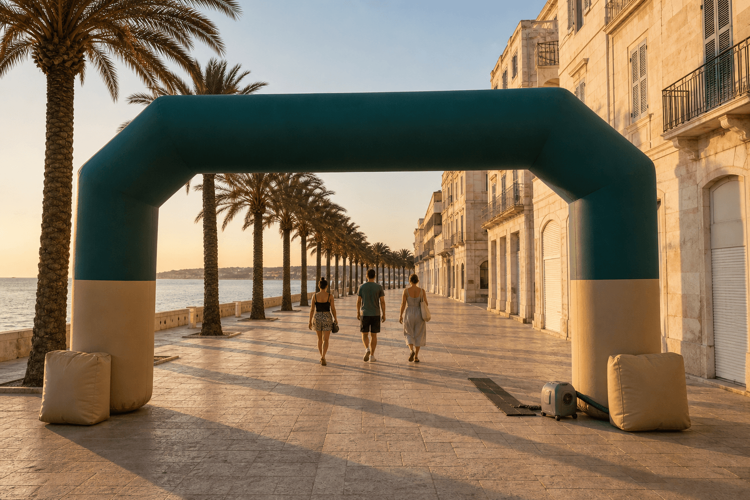 Teal and sand inflatable arch on a Mediterranean seaside promenade