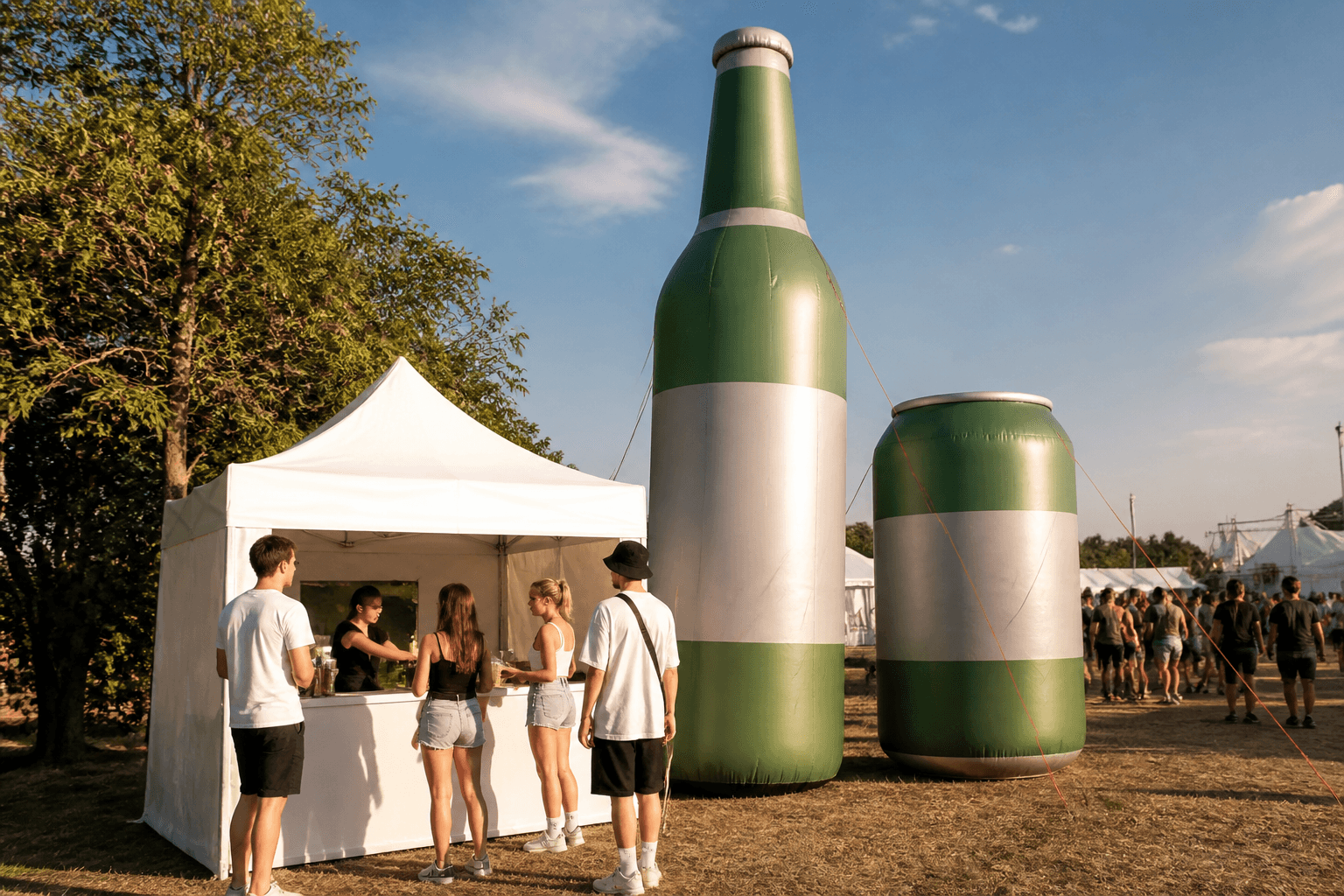 Giant inflatable bottle and can replicas standing beside a sampling booth at an outdoor summer event