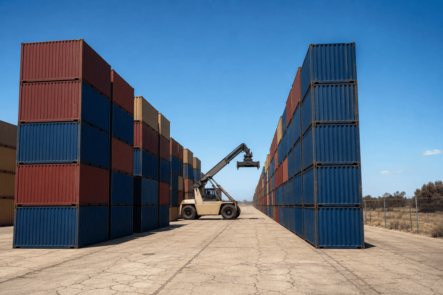 Unmarked containers and a reach stacker at a sunlit Australian depot