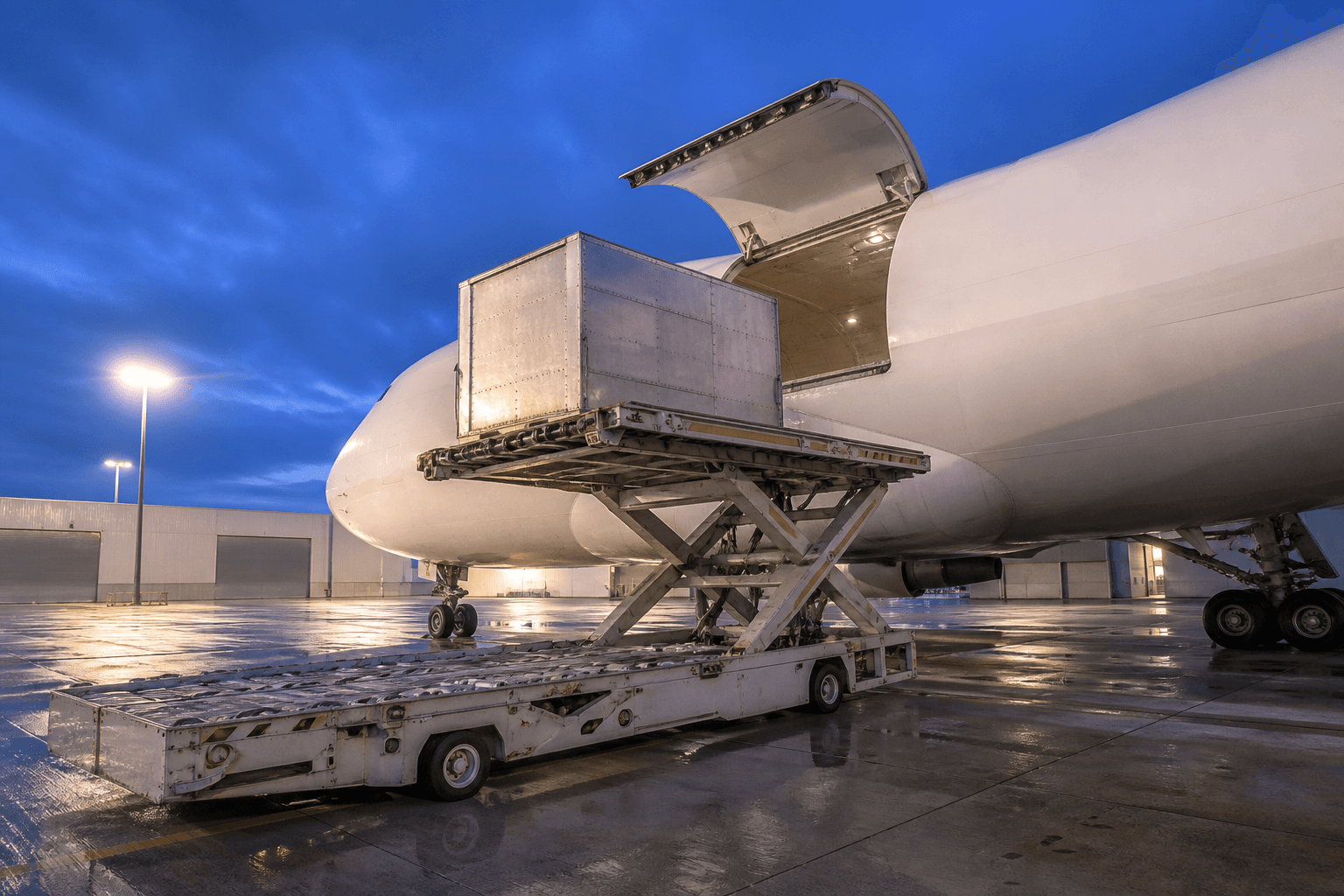 Unmarked air freight container on a loader beside a plain white freighter aircraft