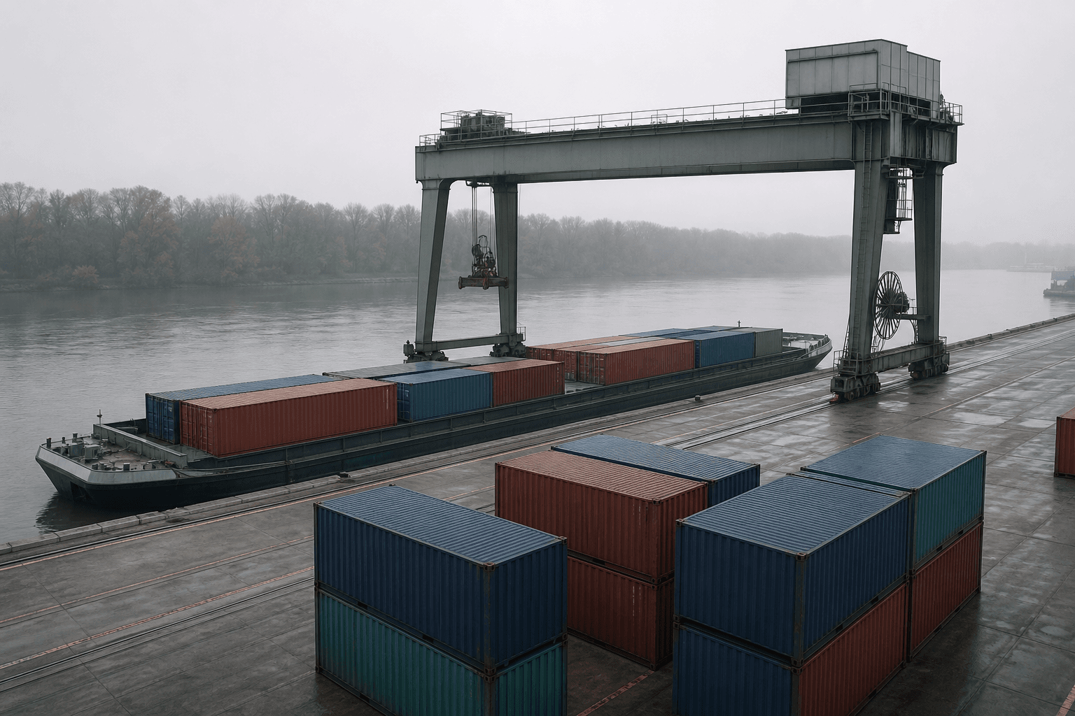 Unmarked containers on a barge beneath a gantry crane at an inland river terminal