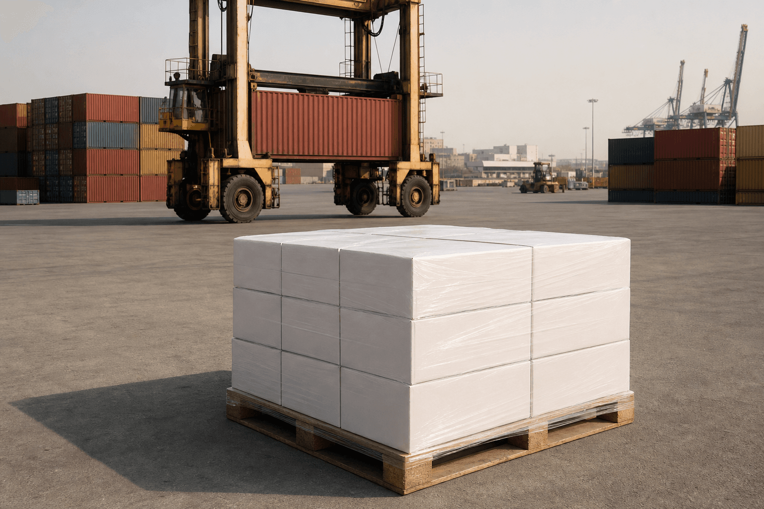 Shrink-wrapped export cartons on a pallet at a container terminal, with a straddle carrier moving a container behind them