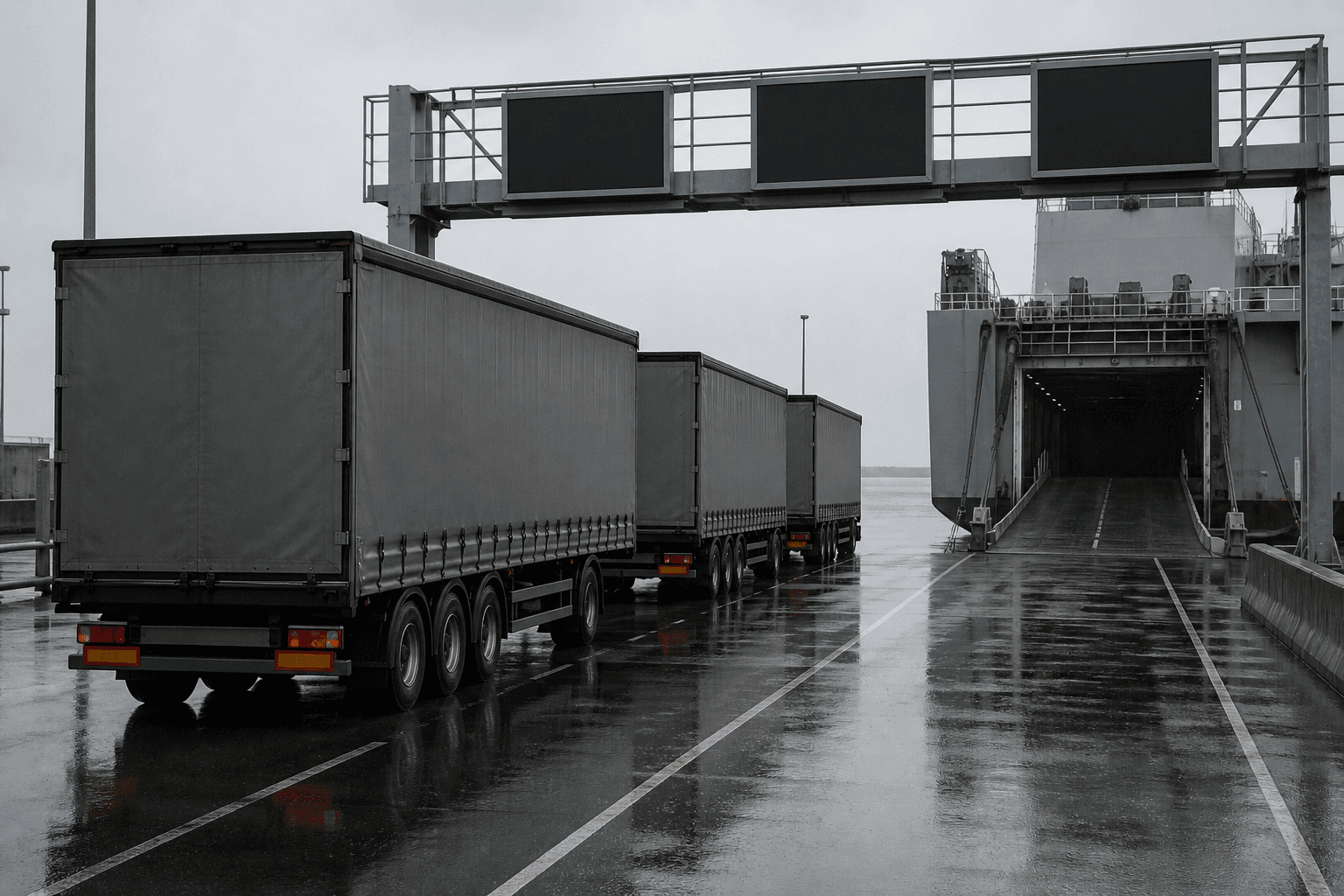 Three plain curtain-side trailers at a wet roll-on roll-off ferry terminal