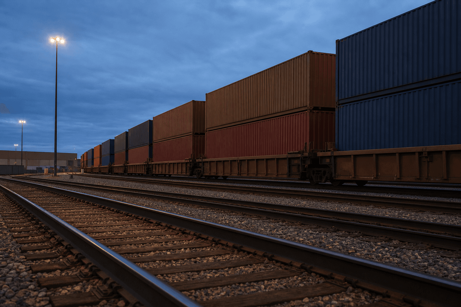 Double-stacked unmarked freight containers on rail well cars at an inland intermodal yard
