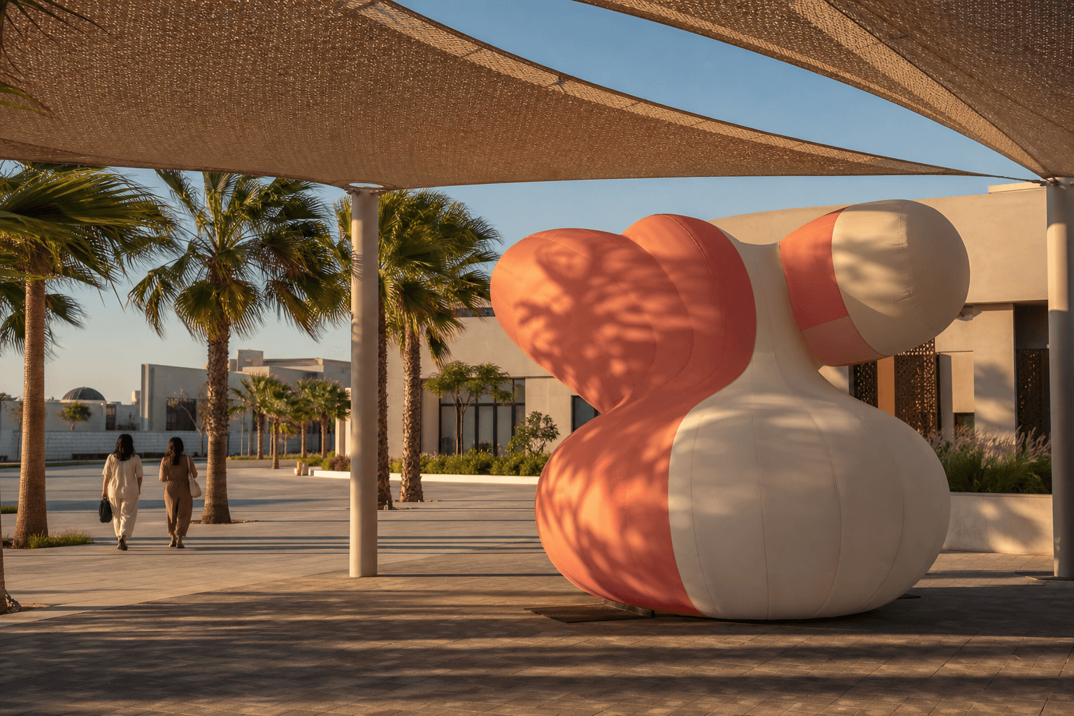 Large coral and white inflatable sculpture standing under a shade canopy on a palm-lined plaza in late afternoon light