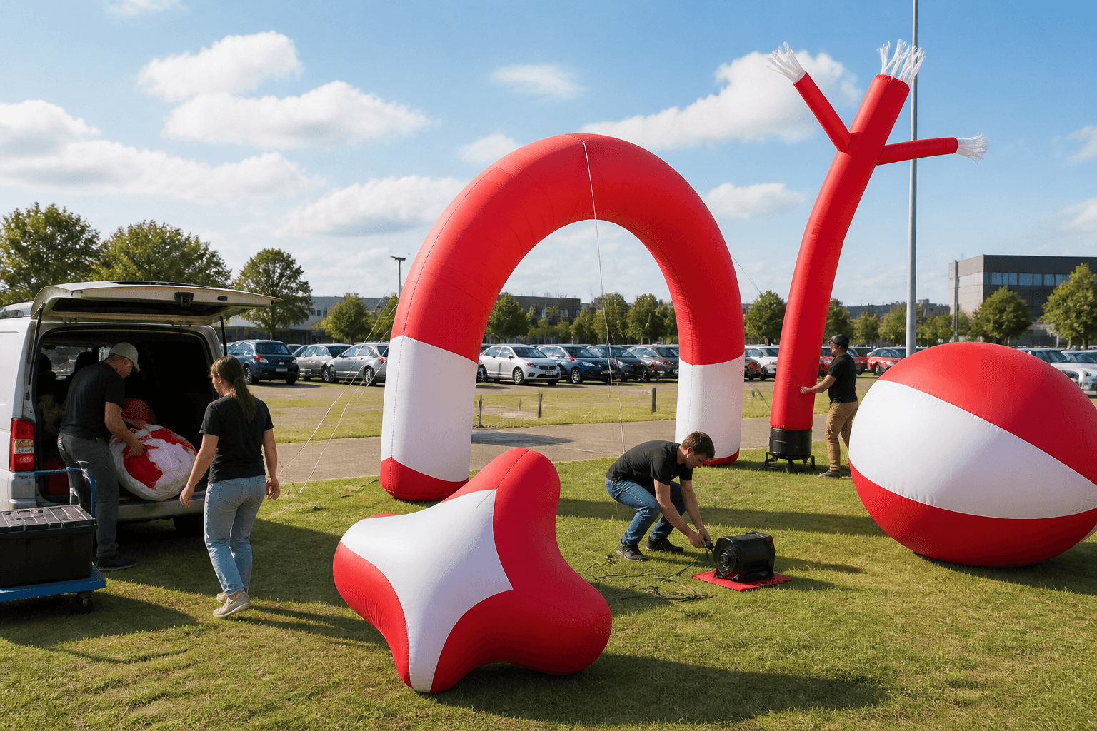 Several promotional inflatable formats, including an arch, an air dancer and a sphere, set up at an outdoor brand event