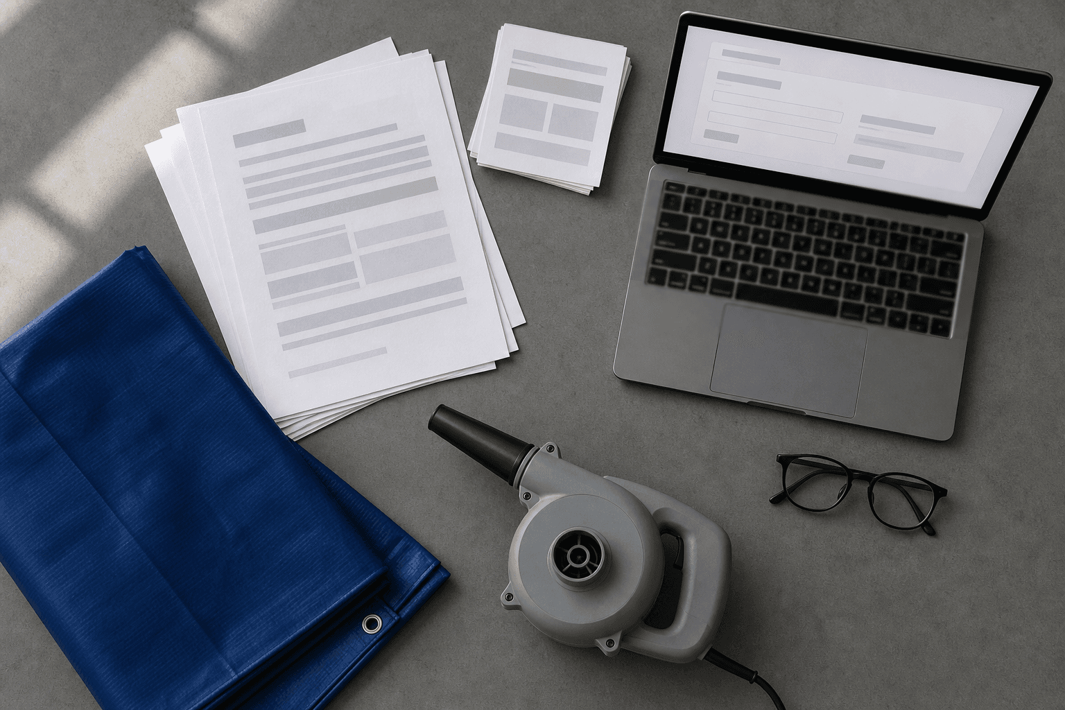 Overhead view of a compliance desk with printed documents, a laptop, a folded blue PVC swatch and a grey blower