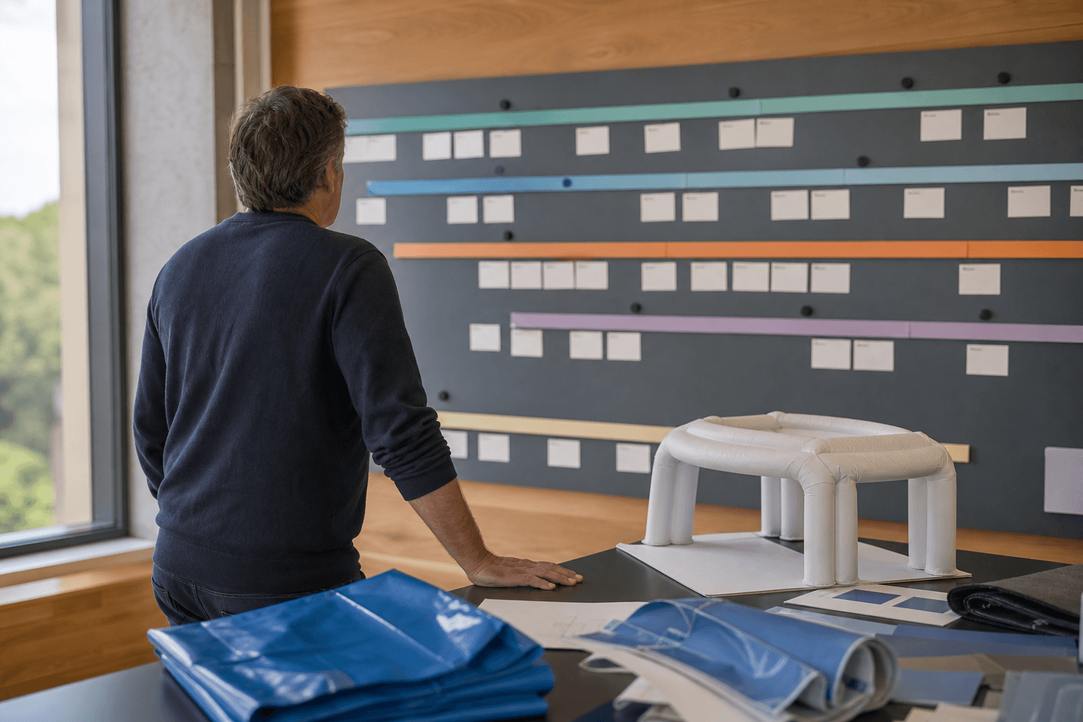 Project manager at a planning wall of coloured timeline strips, with PVC fabric swatches and a scale model on the table