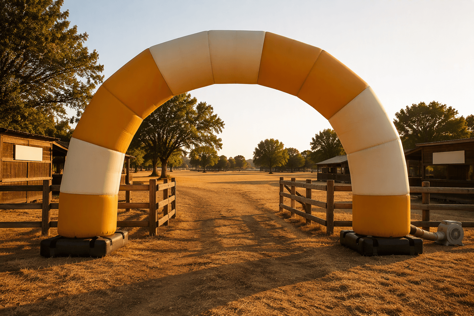 Deep amber and cream inflatable arch at a county fairground entrance