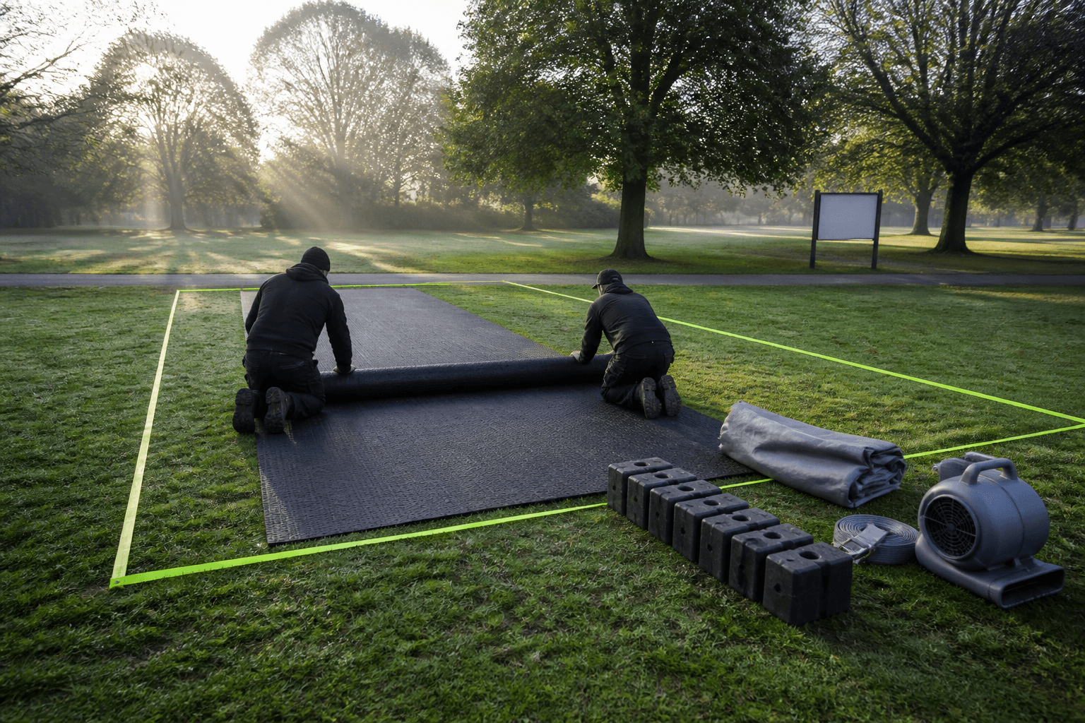 Two event crew members laying ground protection and equipment on a city park lawn